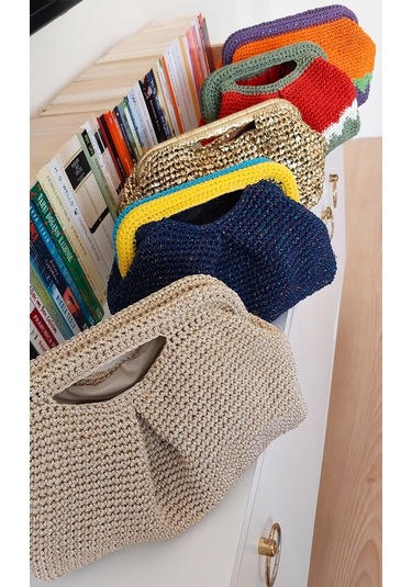 Parlak Tutmalı El Çantaları , El Yapımı Işıltılı Clutch, Örgü El Çantası Bej - Bej
