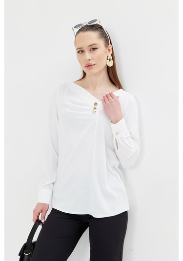 Yakası Pileli Ve Düğme Detaylı Gömlek Ekru Ekru