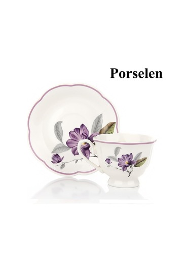 Türk Kahvesi Takımı 2 Kişilik Porselen Mor Çiçek Desenli 90 Ml Beyaz