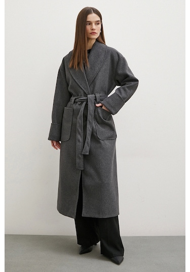 Kuşaklı Şal Yaka Kaban Antrasit