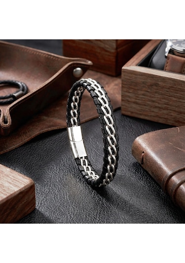 Moncuk Design Çift Zincir Çelik Ve Deri Bileklik 33514b2d2 Metalik Siyah