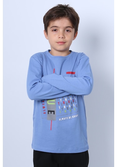 Hçm Erkek Çocuk Uzun Kollu Tshirt Stay True Baskılı Bisiklet Yaka E29 İndigo