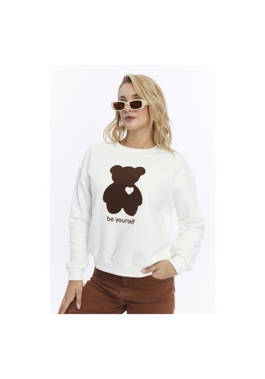 Kadife Be Yourself Desenli Ekru Yumuşak Dokulu Regular Fit Bisiklet Yaka Kadın Sweatshirt Ekru