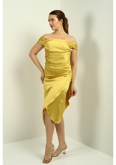 Kadın Madonna Yaka Drapeli Asimetrik Saten Kısa Elbise Sarı