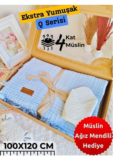 4 Kat Müslin Mint Yeşil Saçaklı Bebek Battaniyesi 100x120 Cm- %100 Pamuklu & Çok Amaçlı Battaniye Mavi