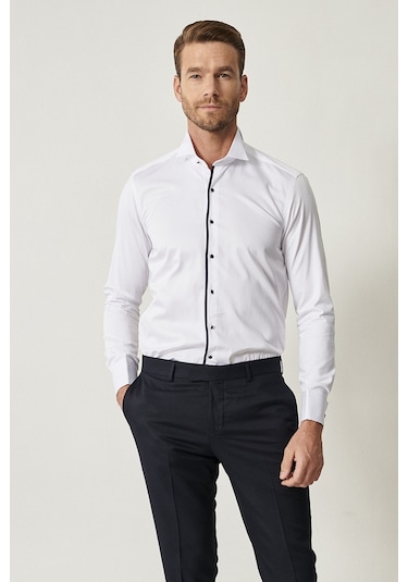 AC&Co / Altınyıldız Classics  ERKEK BEYAZ LACIVERT Damatlık Ata Yaka Tailored Slim Fit Gömlek Lacivert