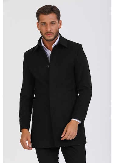 Erkek Siyah Dar Kesim Yün Karışımlı Kaşe Gömlek Yaka Palto Kaban-Siyah