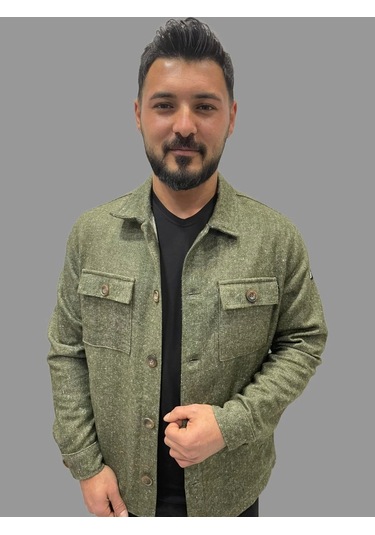 Erkek Cep Detaylı Kışlık Haki Kaşe Gömlek Haki