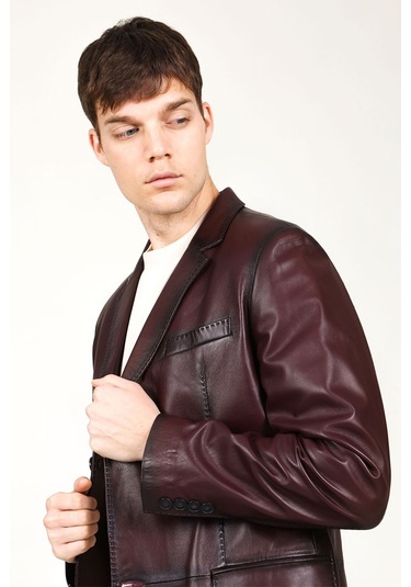 Dericlub Erkek Venedik Kruvaze Yaka Hakiki Deri Blazer Ceket Bordo Bordo