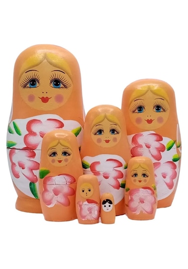 Mobgift Ahşap Tombul Iç Içe Matruşka Bebek 7li Set Turuncu