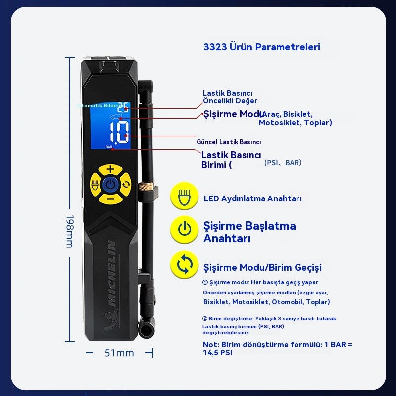 Taşınabilir Otomobil Şişirme Pompası, Karayolu Bisikleti Ve Motosiklet İçin Uygundur 1 Adet