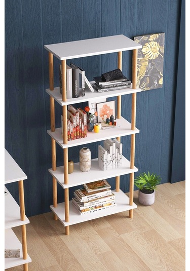 İntergo Dekoratif 5 Raflı Ahşap Ayaklı Kitaplık
