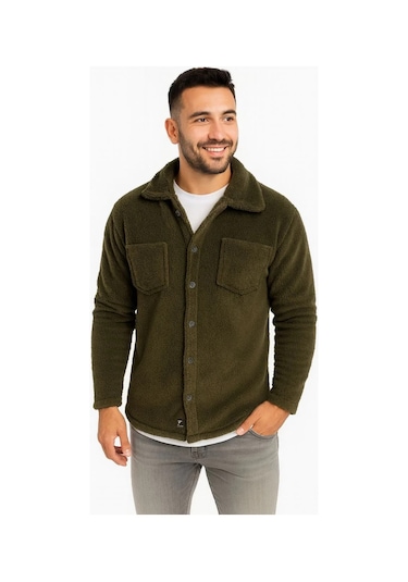 Erkek Pelüş Polar Hırka Gömlek Yakalı, İlik Düğmeli, Göğüs Cepli, Yumuşak Dokulu Kışlık Regular Fi Haki