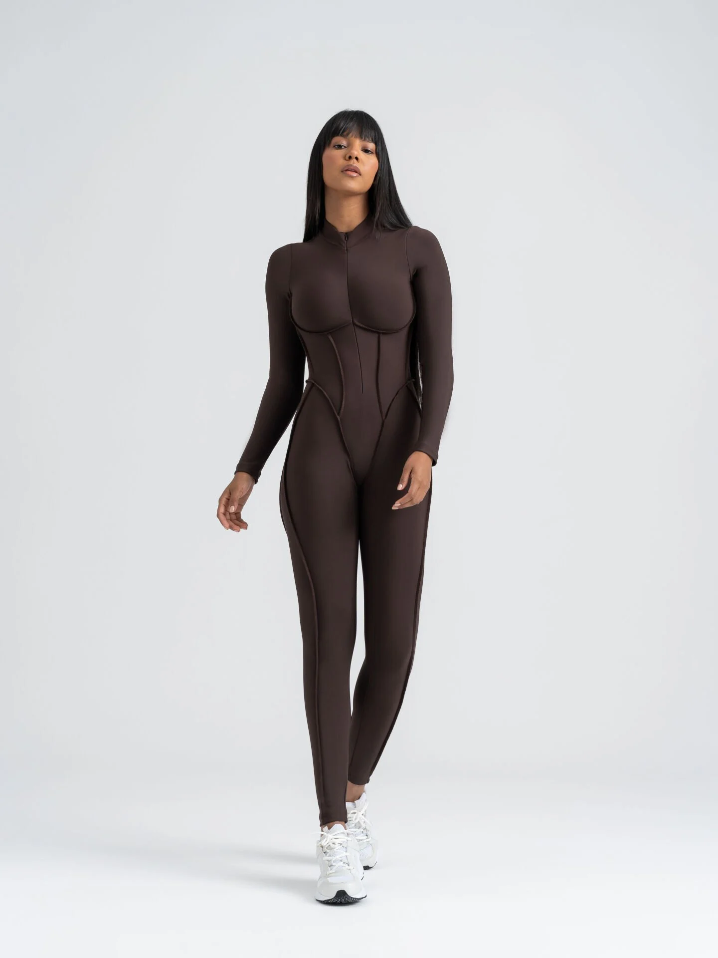 Dikişle Modellenmiş Spor Tayt Tulum Kahverengi