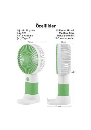 Standlı 3 Mod Şarjlı El Fanı 5 Kademe Seyahat Masaüstü Vantilatör Taşınabilir Mini Fan Yeşil F139