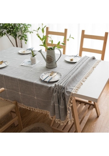 Kare Kafes İşlemeli Masa Örtüsü Saf Renk Pamuk Keten Püskül Dikdörtgen Sehpa Mat, Boyutu: 90x140cm Gri Gri
