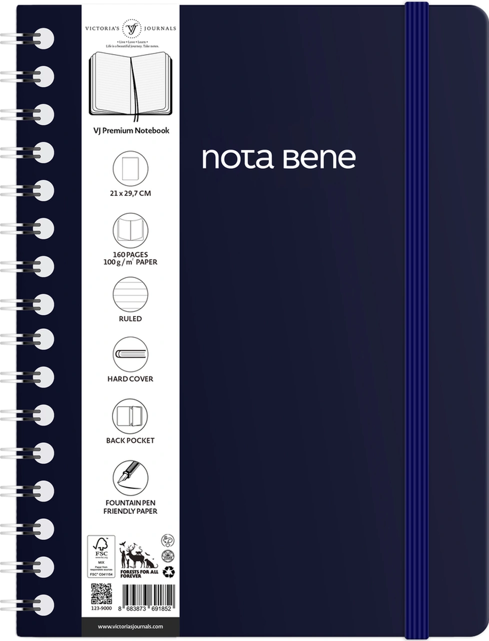 Nota Bene Spiralli Premium Sert Kapak Defter, 21x29,7 Cm, Çizgili Lacivert