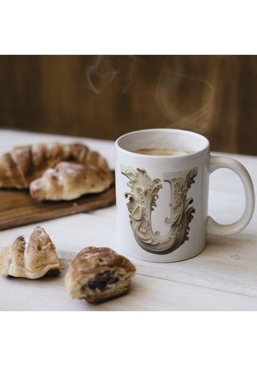 U Harfi Bardak, Monogram 330 Ml Barok Oymalı Görünüm Beyaz