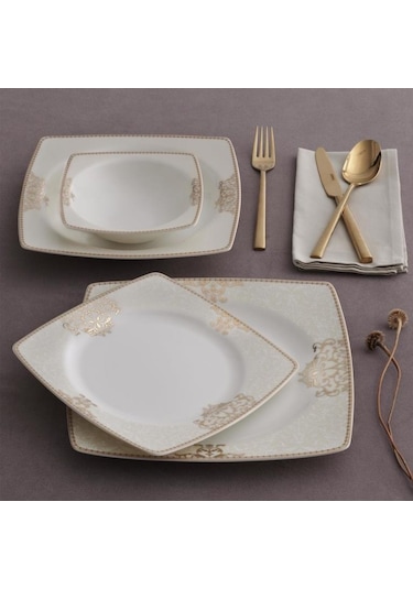 Güral Porselen Beyaz Carolıne Kare Bone Yemek Takımı 85 Parça