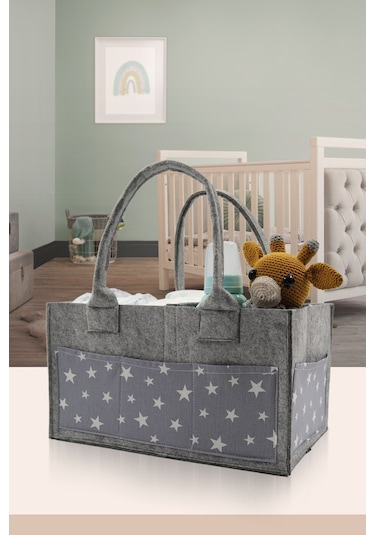 Jasper Yıldız Desenli Gri Keçe Anne Bebek Bakım Çantası Organize Gri