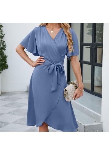 Hnxc Kadın Moda Yaz Bahar Düz Renk Baskı Kısa Kollu V Yaka Yüksek Bel Günlük Elbiseler Yeşil