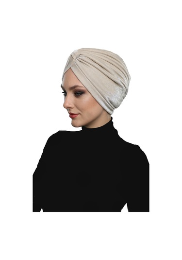 Simli Pike Çapraz Bantlı Astarlı Bej Hazır Türban Tesettür Bone Abiye