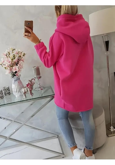 Pembe Kadın 3 İplik Şardonlu Kapüşonlu Ceket Asimetrik Fermuarlı Oversize Pembe