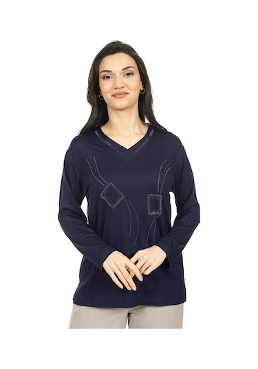 Kadın Orta Yaş Ve Üzeri Yeni Model V Yaka Taş İşlemeli Anne Penye Bluz 30560-lacivert