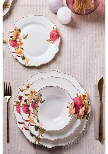 Porselen Rose Garden Bone 24 Parça 6 Kişilik Yemek Takımı Desenlı Desenli