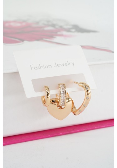 By Zeyna Aksesuar Kadın Vip Seri Baget Zirkon Taşlı 3'lü Küpe Seti-4153 Altın