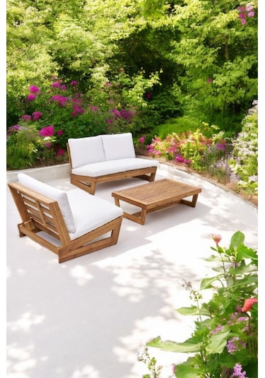 Conforlove Bahçe Balkon Masif Kayın Ahşap Koltuk 2+1+orta Sehpa Krem