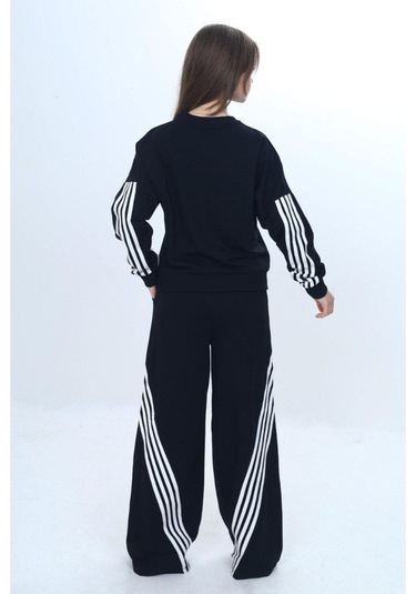 Kız Çocuk %100 Pamuk Şeritli Oversize 2 İplik Alt&üst Eşofman Takımı-305-eşt-0009 Siyah