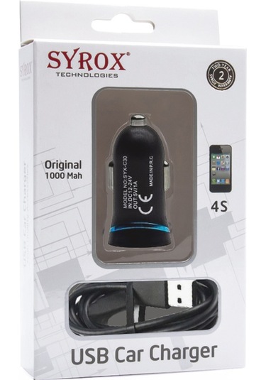 Syrox C29 Araç Şarj Aleti ve Iphone 4S Kablo Set 1A Siyah