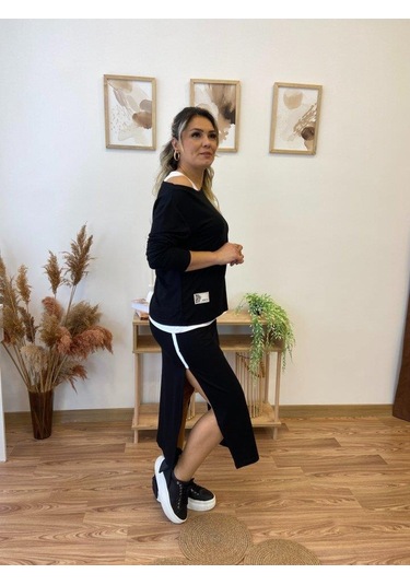 Kadın Uzun Kollu Tek Omuzu Açık Viskon Bluz Içi Atletli Ve Yandan Şeritli Üçlü Viskon Ikili Takım Siyah
