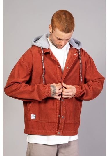 Erkek Kiremit Çıkarılabilir Kapüşonlu Oversize Pamuklu Kadife... Kiremit