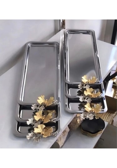 Paslanmaz Çelik 6 Adet Dikdörtgen Model Servis Ve Sunum Tepsisi Gümüş