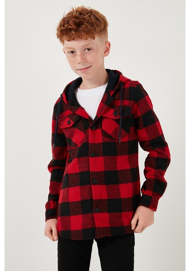 Lela Kapüşonlu Çift Cepli Ekoseli Oduncu Erkek Çocuk Gömlek Cf25W81787 Kırmızı