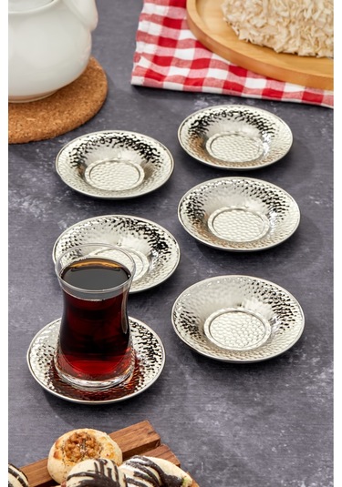 Cooker 6'lı Metal Dövme Desen Çay Tabağı Gümüş Ckr3578 Gümüş