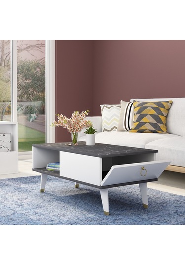 Delux Kapaklı Orta Sehpa Siyah Mermer-beyaz Siyah Mermer-beyaz