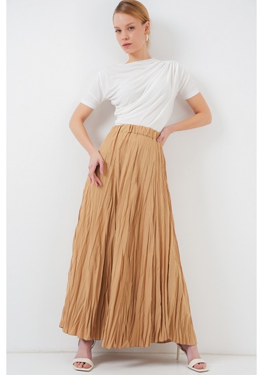 Kadın Uzun Kırışık Etek 8042 - Bisküvi Bisküvi