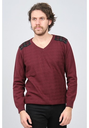 Desen Triko Erkek V Yaka Saf Yün Kazak 0246538 Bordo Bordo