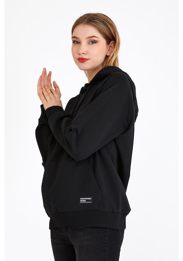 Comeor Kadın Siyah Basic Kapüşonlu Regular Fit Rahat Sweatshirt 001