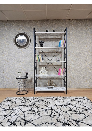 Siyah Boyalı Kitaplık - 5 Raflı Suntalem Lüks Kitaplık Beyaz Merm Çok Renkli