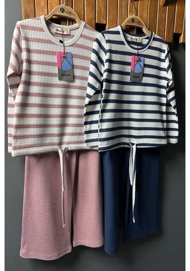 Çizgili Kız Çocuk Bol Paça Mevsimlik Pembe Renk Takım Pembe