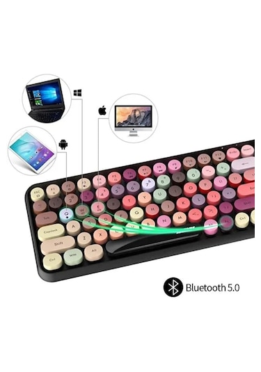 308i Bluetooth Klavye 84 Tuşlu Kablosuz Gaming Vintage Klavye Çok Renkli Daktilo Tarzı Tuşlar
