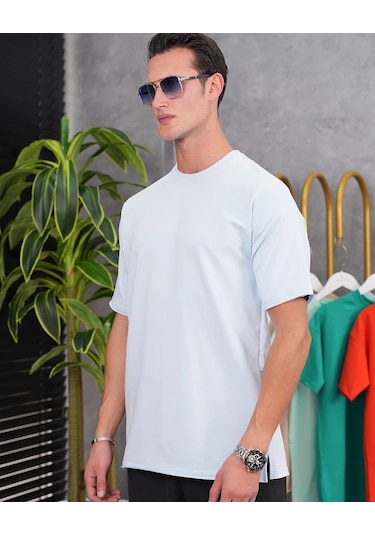 Modefendi Pamuk Likra Yırtmaç Detaylı 2 İplik Oversize Tshirt Buz Mavi