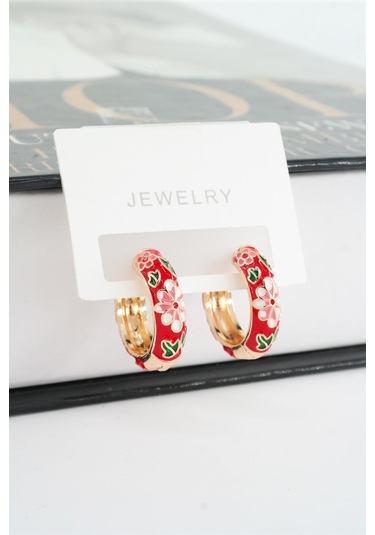Kadın Özel Seri Mineli Çiçek Motifli Kararmaz 2 Cm Halka Küpe Seti - Kırmızı