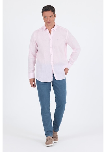 Uzun Kol Düz Keten Düğmeli Yaka Cepsiz Casual Comfort Fit Gömlek 1004250114 Pudra