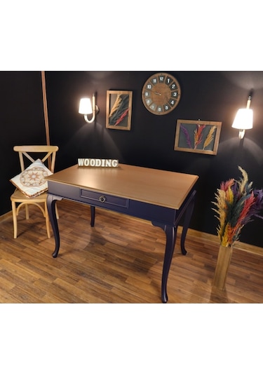 Wooding-Mobilya Wooding 120 Cm Çekmeceli Masif Lacivert Naturel Çalışma Masası