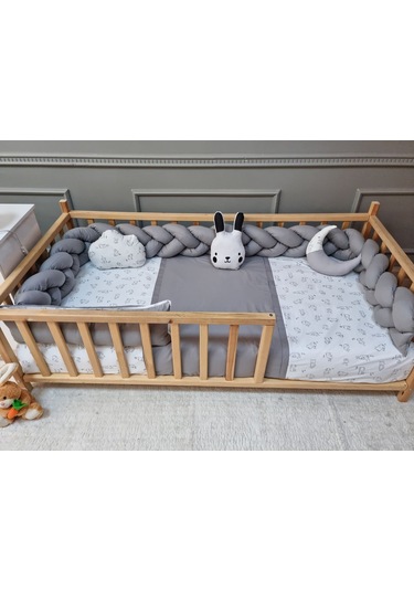 Montessori Beşik Uyku Seti - Örgü Kenar Gri Koruma Seti